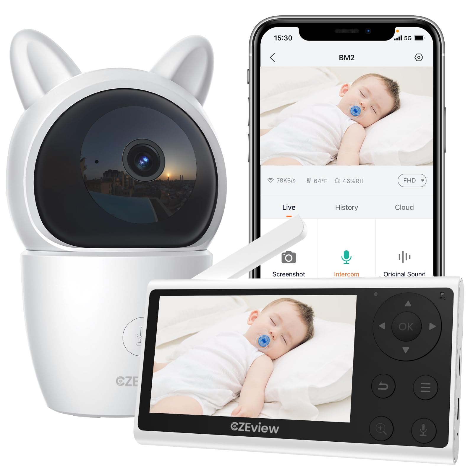 CZEview Babyphone mit Kamera, 2K/5,0" HD WLAN Video Babyfon mit App, 360°, 4× Zoom, Nachtsicht, Automatische Verfolgung, Weinen/Bewegungs/Geräuscherkennung, Temperaturanzeige (Schwarz 1 Kamera)