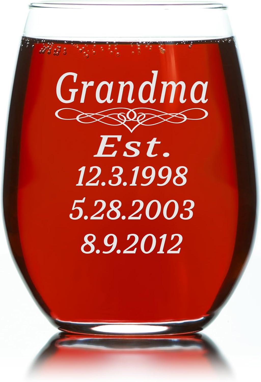 C M Grandma Established with Dates 17 oz Custom Stemless Wine Glass - Personalized Grandma Gift for Women (up to 3 Dates)