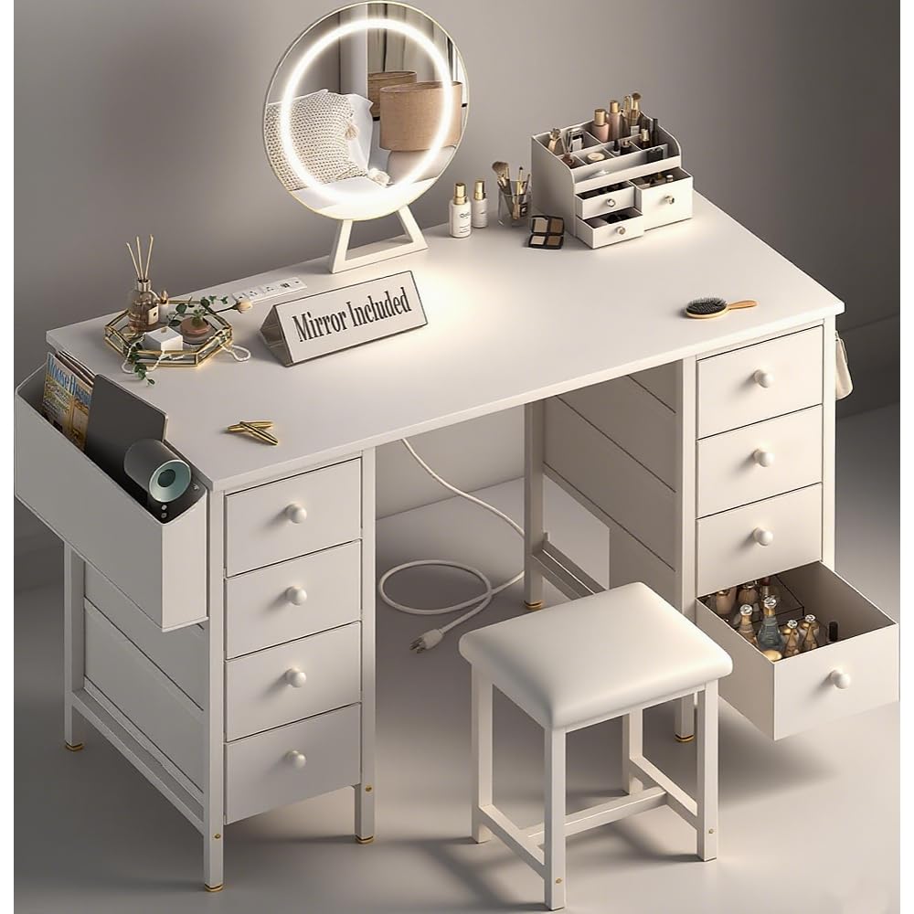 White Vanity Desk with Mirror and Light- Makeup Vanity Set Table with Chair, Storage, Lighted Mirror, 8 Large Fabric Drawers & Power Outlet, Dressing