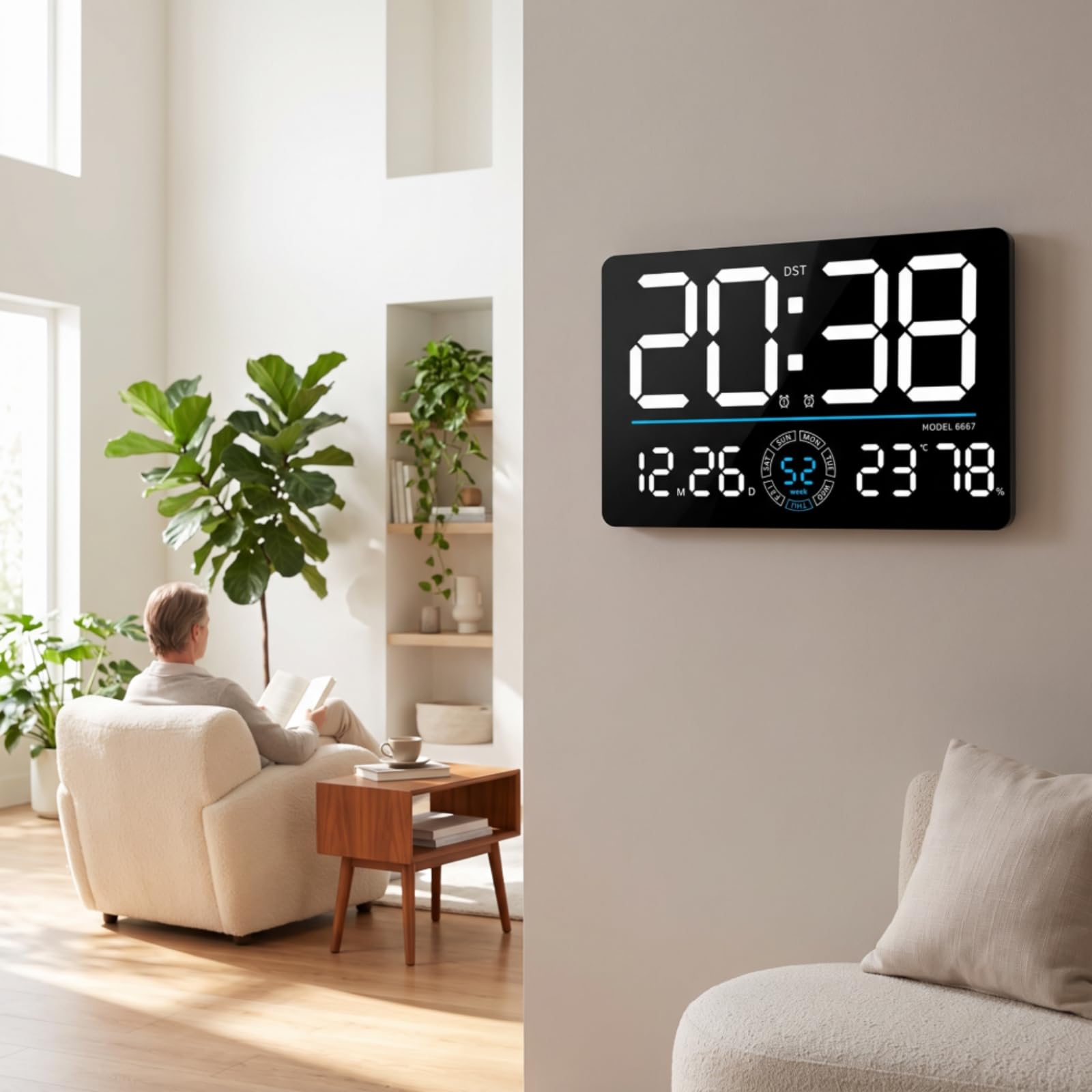 KESOTO Orologio Digitale da Parete Orologio LED Orologio Murale Sveglia Termometro Giorno Temperatura Umidità Centro Circolare Indicatori Visibilità Lontana