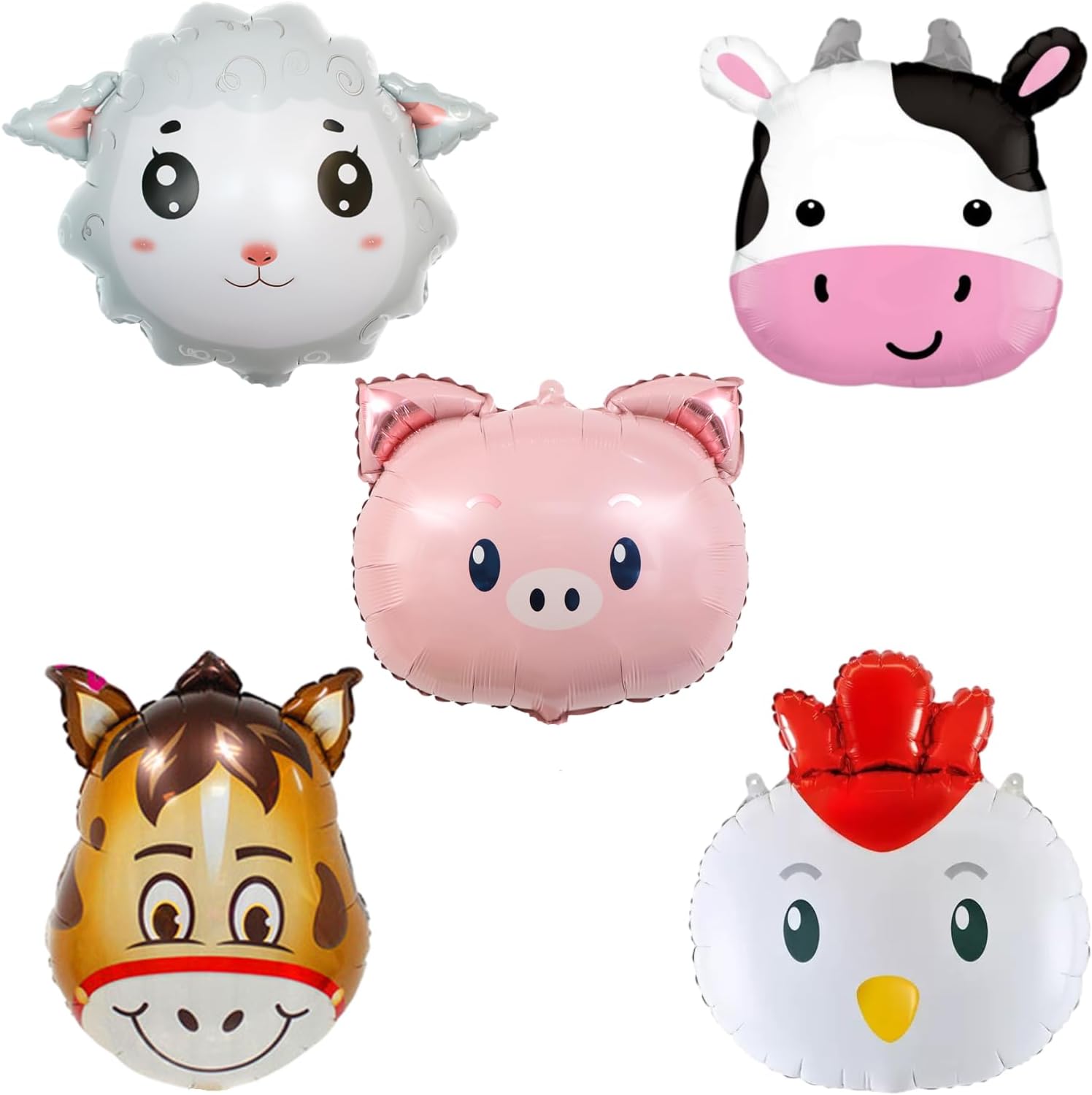 5PCS Farm Animal Foil Balloons Set - Cow, Horse, Pig, Sheep, Rooster Mylar Balloons for Farm Theme Birthday Party, Baby Shower, Barnyard Carnival Decorations