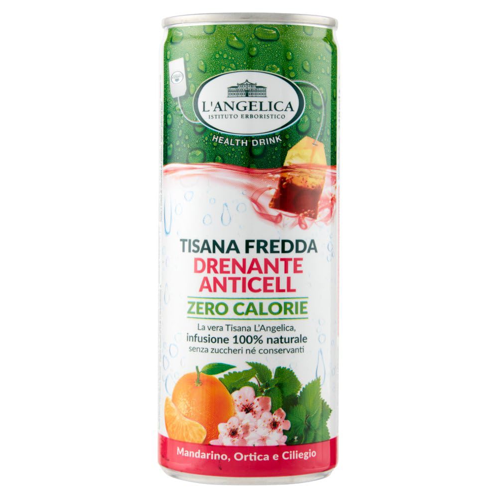 L' Angelica Drenante Anticell - Té de hierbas frías (24 unidades, sabor a mandarina, ortiga y cereza, sin calorías, sin azúcar, 240 ml, lata de 400 g)
