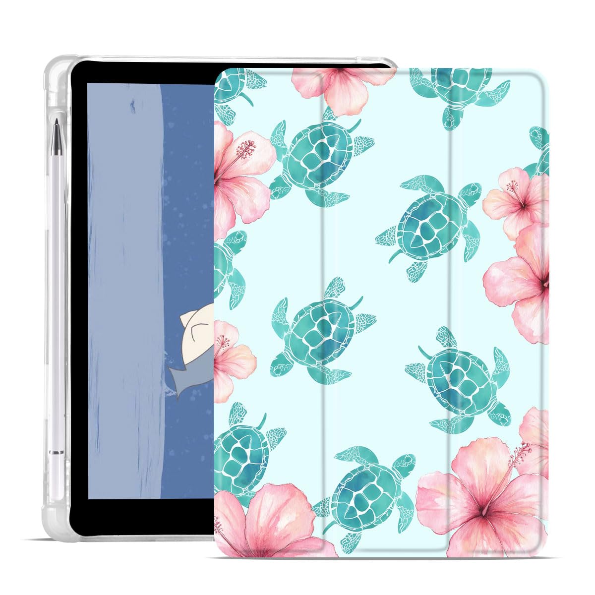 Étui de protection pliable en cuir souple avec porte-crayon pour iPad 10{^>e<^} génération 2022 11"/iPad (A16) 11{^>e<^} génération 2025 11" Motif tortue de mer bleue