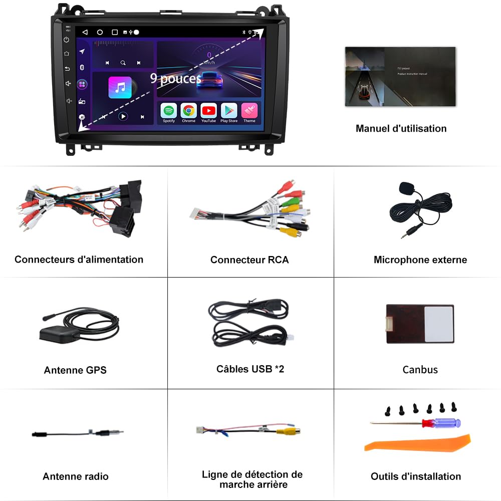 AWESAFE [6Go+128Go] Autoradio Android 15 pour Mercedes-Benz Vito Viano Sprinter W639/Classe B W245 W169 avec 4G Carplay 9 Pouces Écran Tacile avec GPS Android Auto/WiFi/RDS/FM/SWC/Aide au Parking