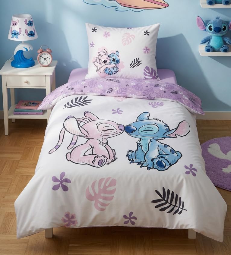 Disney Parure de Lit Stitch et Angel Housse de Couette Réversible 140x200 cm + Taie d'oreiller 65x65 cm - 100% Coton de Qualité - Certifiée Oeko-Tex...