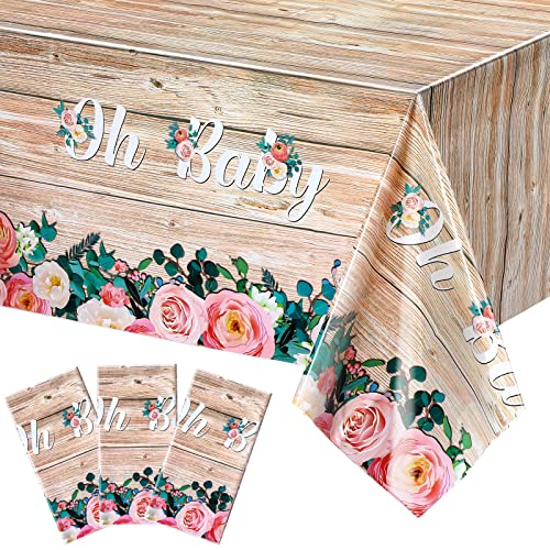 3 Pieces Rustic Wood Baby Shower Tablecloths Plastic Rectangle Pink Floral Table Cover Vintage Western Theme Party Decoration
