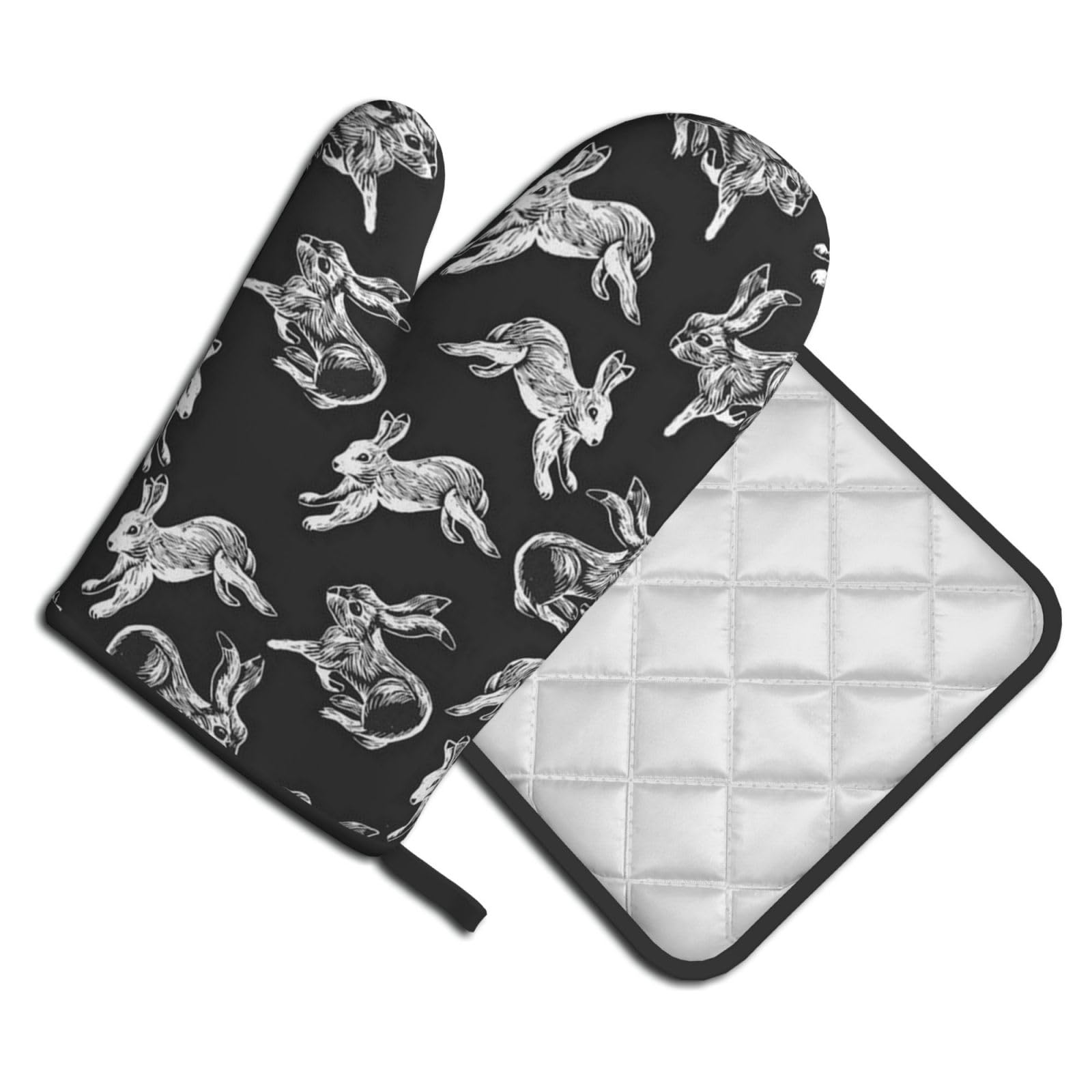 Oven Mitts and Pot Holders Set of 2 Pcs, Bunny Rabbit Printed Heat Resistant Kitchen Gloves Potholders for Cooking Baking Grilling