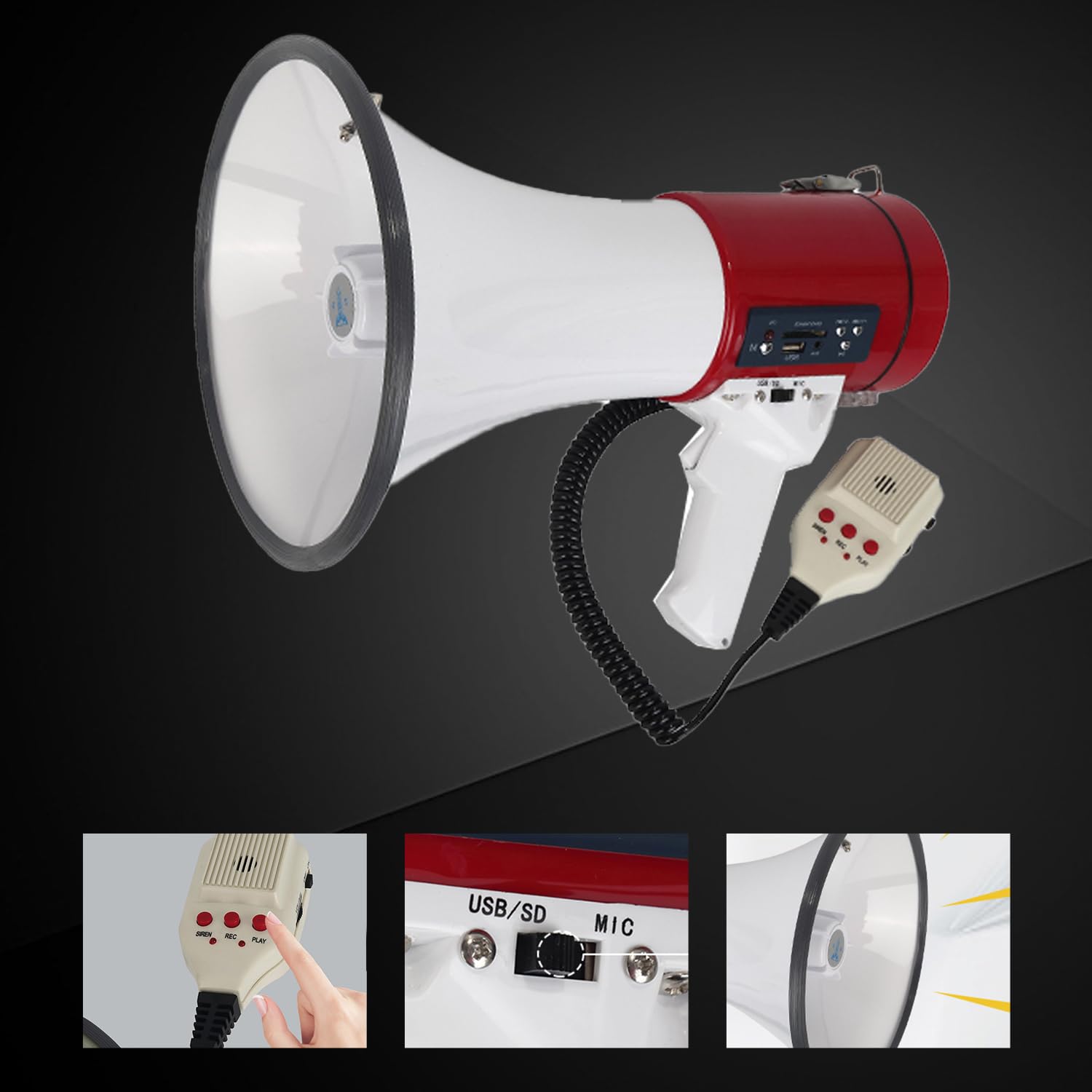 B S Megafon Bullhorn 50 W z syreną, 1200 jardów z mikrofonem, przenośny pasek, nagrywanie 240 sekund, wejście USB/SD/AUX na imprezy plenerowe, zarządzanie tłumem, sytuacje awaryjne i policję