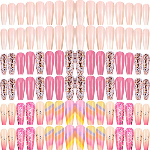 72 Pieces 3 Sets Long Ballerina Press on Nails Ballerina Coffin Glossy False Nails Full Cover Fake Nails Colorful Artificial Nail Tips for Salon Home DIY Nail Art (Vivid Patterns)