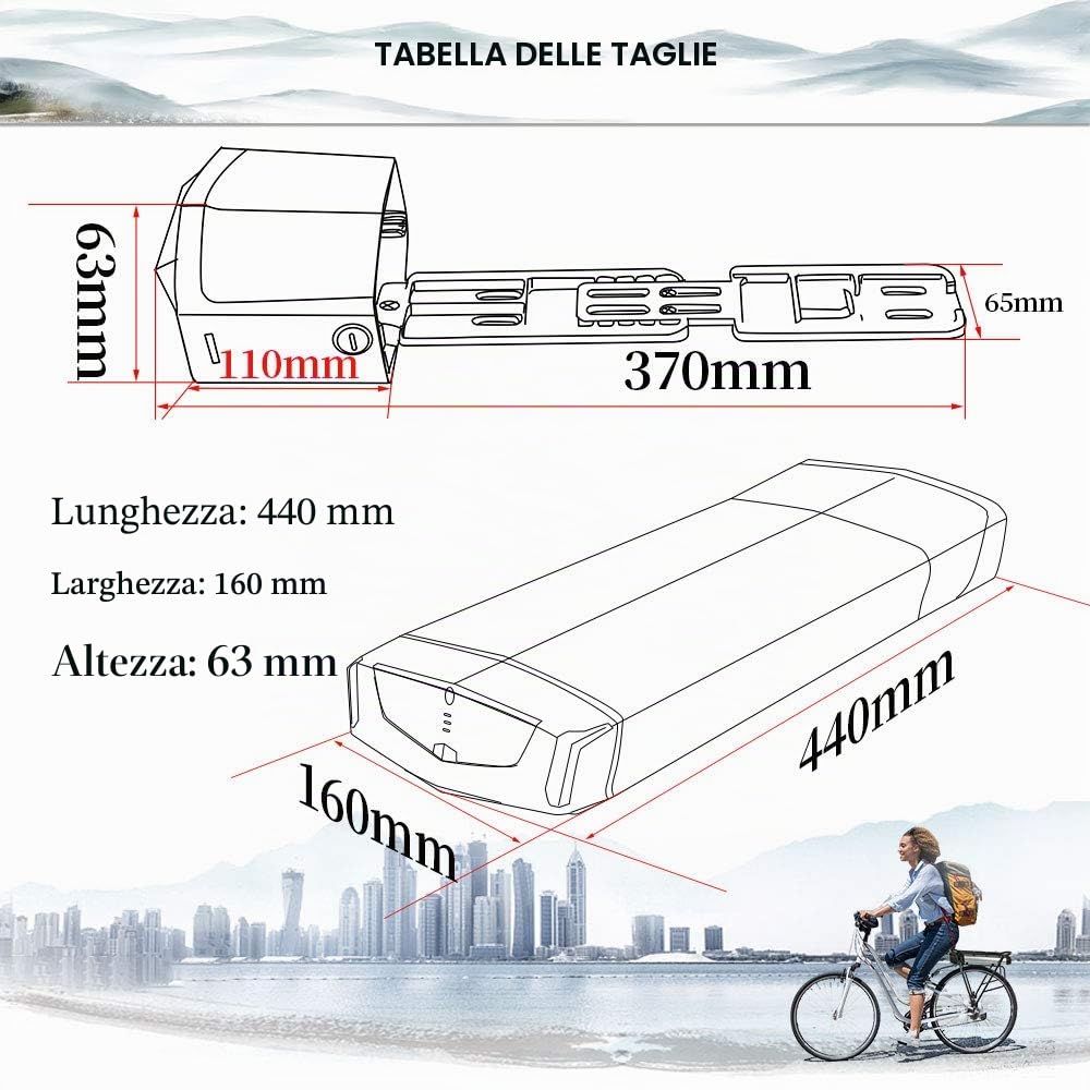UPP 36V 13AH Ebike batteria al litio per 0-700W motore, batteria della bicicletta elettrica con caricabatterie (senza portapacchi)