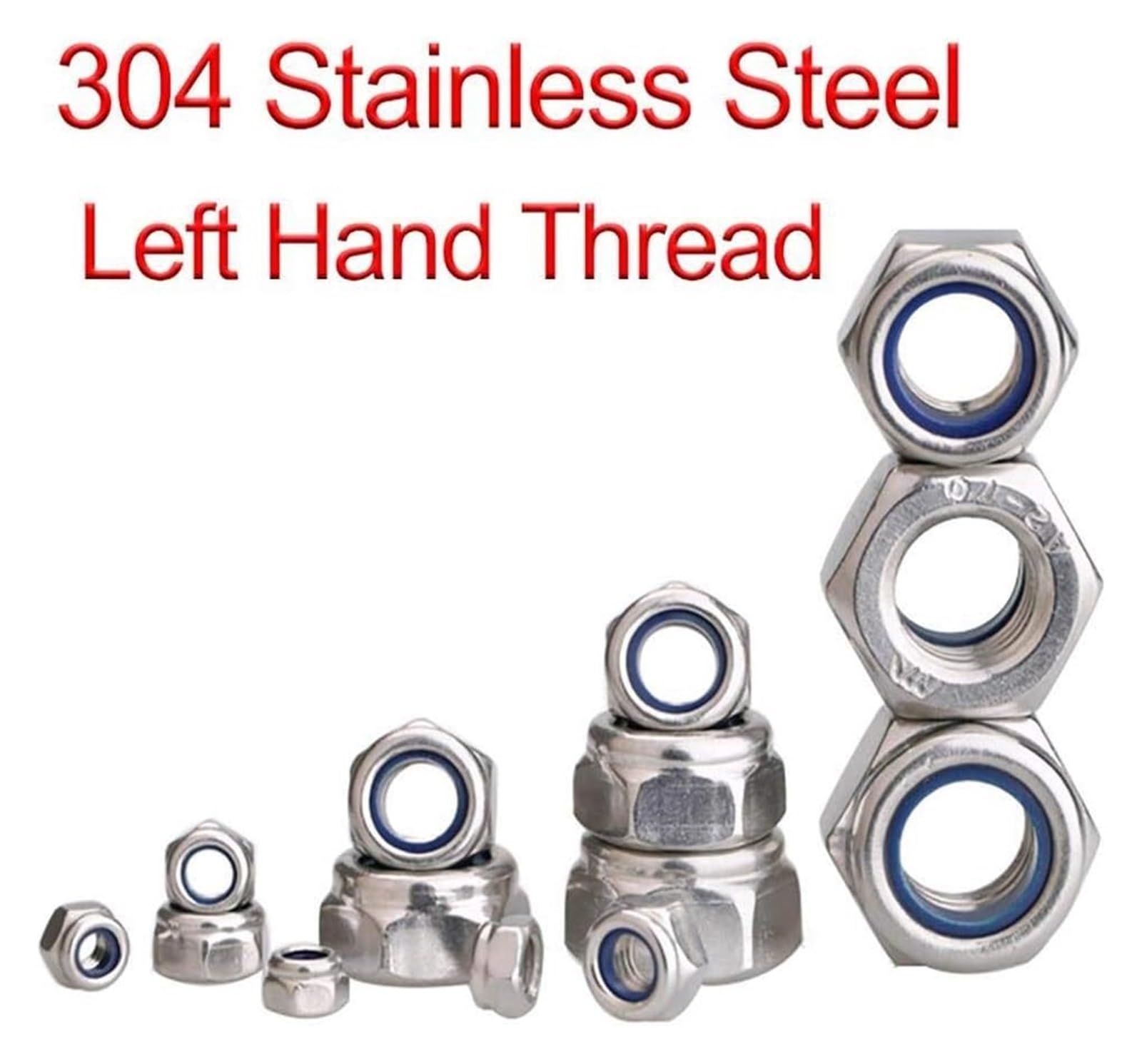 100 tuercas de seguridad hexagonales Nylock con rosca izquierda, M6 a M12, acero inoxidable 304, inserto de nailon autoblocante, tuercas hexagonales de rosca inversa for uso industrial(M12)