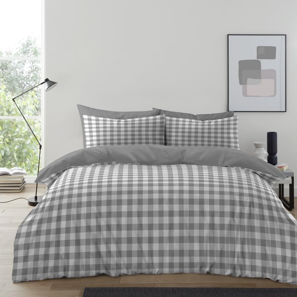Lions Grey Gingham Bedding - 100% Polyester - King Size Checked Duvet Cover Set With Matching Pillowcase, Soft Microfibre Reversible Printed Quilt Covers, 230X220cm