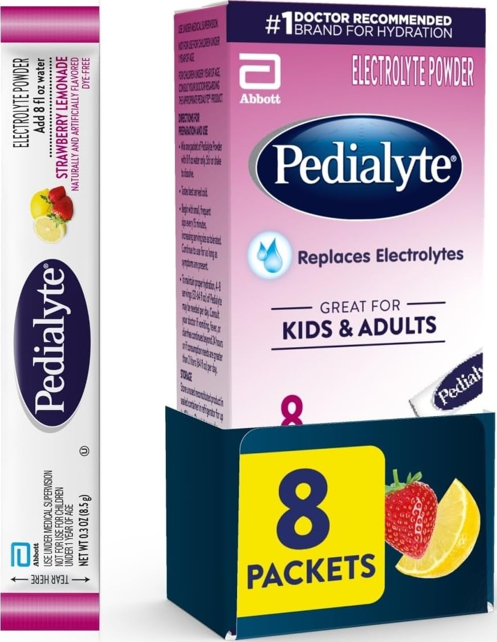 Pedialyte Electrolyte Powder, Hydration Drink for Kids &amp; Adults, Strawberry Lemonade, 8 Powder Packets, 8 Count (Pack of 8)