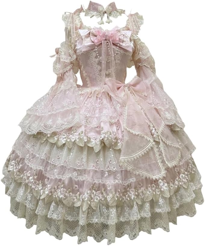 Japanese Lolita JSK Dress Multi-Layers Lace Ruffled Hem Princess Dress Court Party Costume for Women