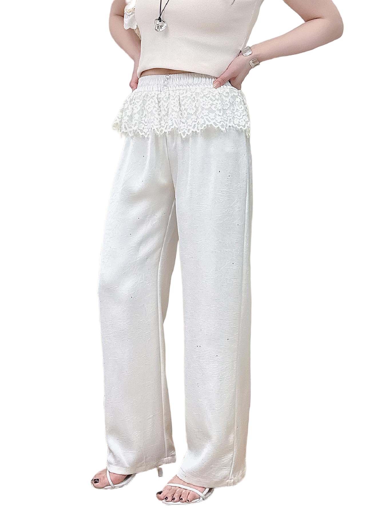 Wide Leg Dress Pants for Woman Slacks Lace High Waisted Business Casual Work Trousers