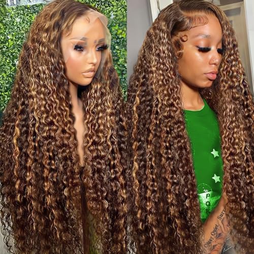 Image of LAINSS 30inch 13x6 Highlight Ombre Deep Wave Lace Front Wigs Human Hair Pre Plucked 210% Density P4 /27 Highlight Curly HD Transparent Lace Frontal Wigs with Baby Hair Wet and Wavy Human Hair Wig