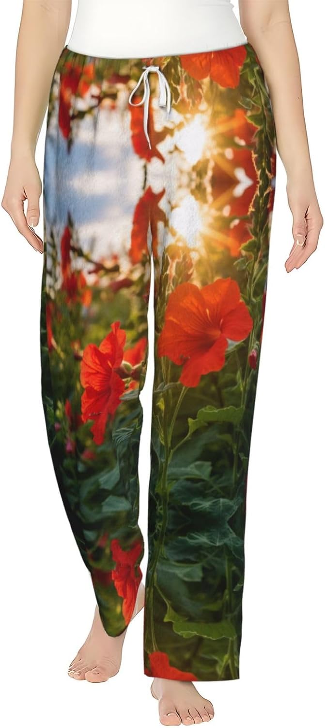 Safflower Green Leaf Print Cozy Christmas Pajama Pants,Flannel Pajama Bottoms,Cater To Various Body Types