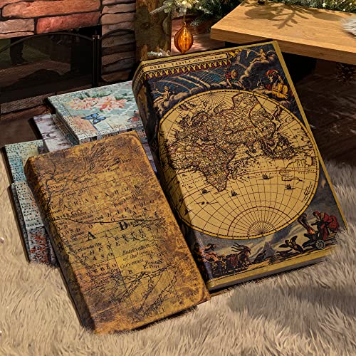DROFELY Decorative Book Box Set of 2, Trinket Keepsake Storage Boxes Book Shaped Storage Box Vintage Style Decorative Faux Books Boxes Globe Antique Books for Home Decoration Old World Map Pattern