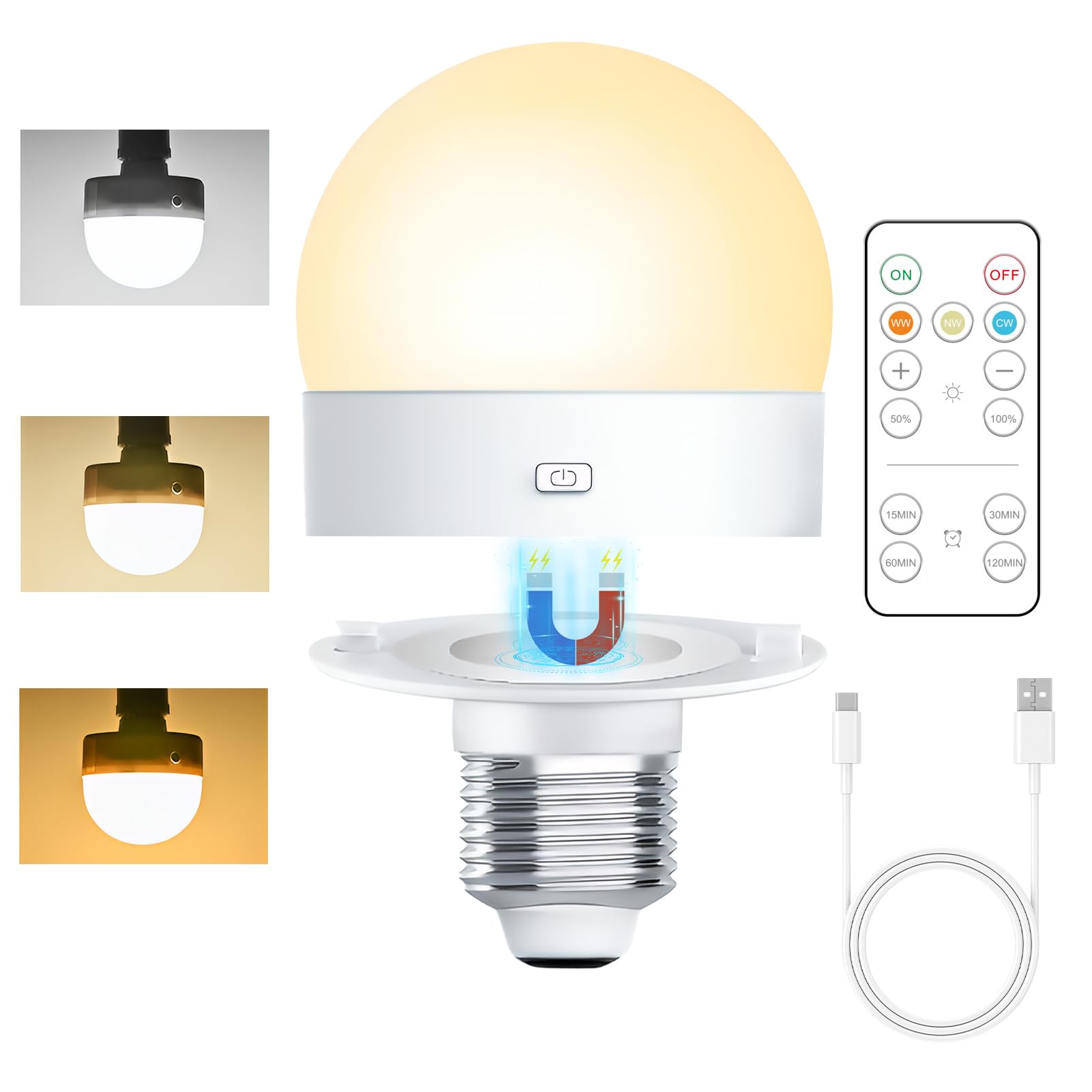 E27 Rechargeable Light Bulb with Timer and Remote, 5W Dimmable Battery Powered Light Bulb with Magnetic Base, E27/E26 Detachable Charging LED Light with 3 Color Temperature for Non Hardwired Lamps
