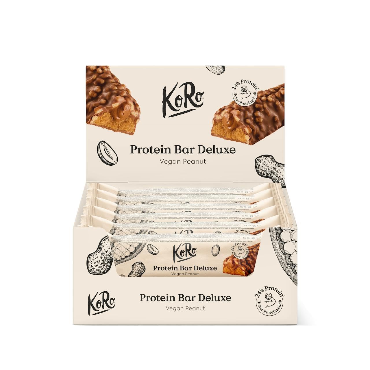 KoRo - Barre protéinée Deluxe Vegan cacahuète 12 x 55 g - Riche en protéines - Vegan - Sucrée au maltitol et au sucralose