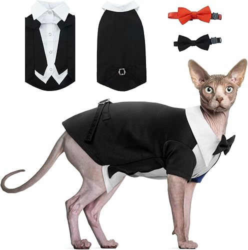 Miniatura 2 de DENTRUN Traje de esmoquin de gato con dos corbatines, elegante camisa de gato, atuendo formal de gato, ropa de moda de gato sin pelo, atuendo formal