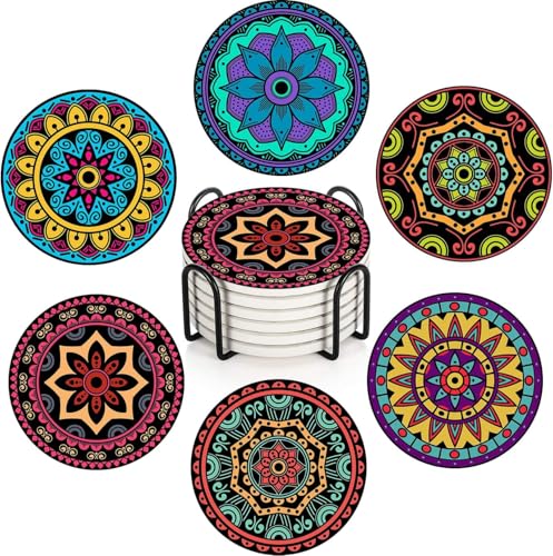 Image of Coaster for Drinks Set of 6, Mandala Flower Floral Retro Absorbent Round Wood Stone Mat, with Cork Base and Metal Holder, Gift for Housewarming Room Bar Decor