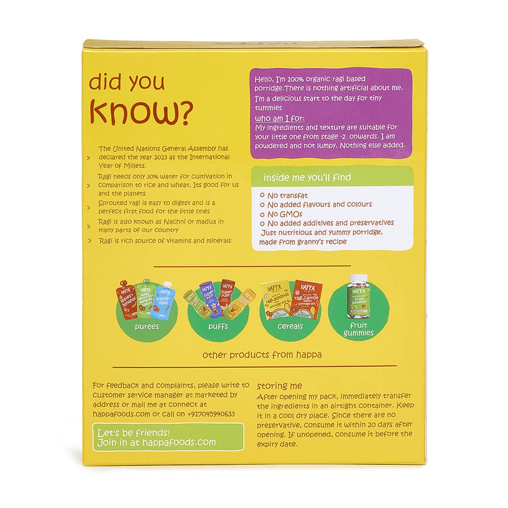 Happa Organic Baby Food Sprouted Ragi & Almonds + Dates Porridge | Calcium Booster – Bone Strength | Instant Health Food | 100% Natural, Organic Khichdi | No Added Salt, Sugar or Milk | No preservatives | 200gm Happa Organic Baby Food Sprouted Ragi & Almonds + Dates Porridge | Calcium Booster – Bone Strength | Instant Health Food | 100% Natural, Organic Khichdi | No Added Salt, Sugar or Milk | No preservatives | 200gm