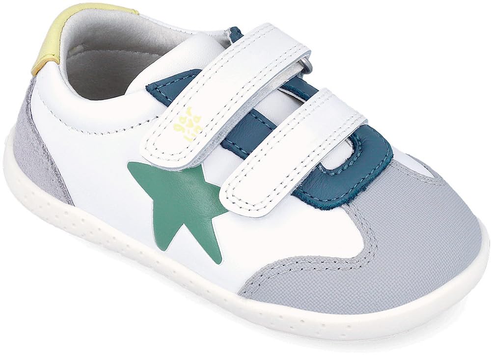 GARVALÍN 262320-C863 - Scarpe ecologiche Barefoot per bambini con doppio nastro adesivo in tessuto, punta larga e suola flessibile bianca blu grigio bambino