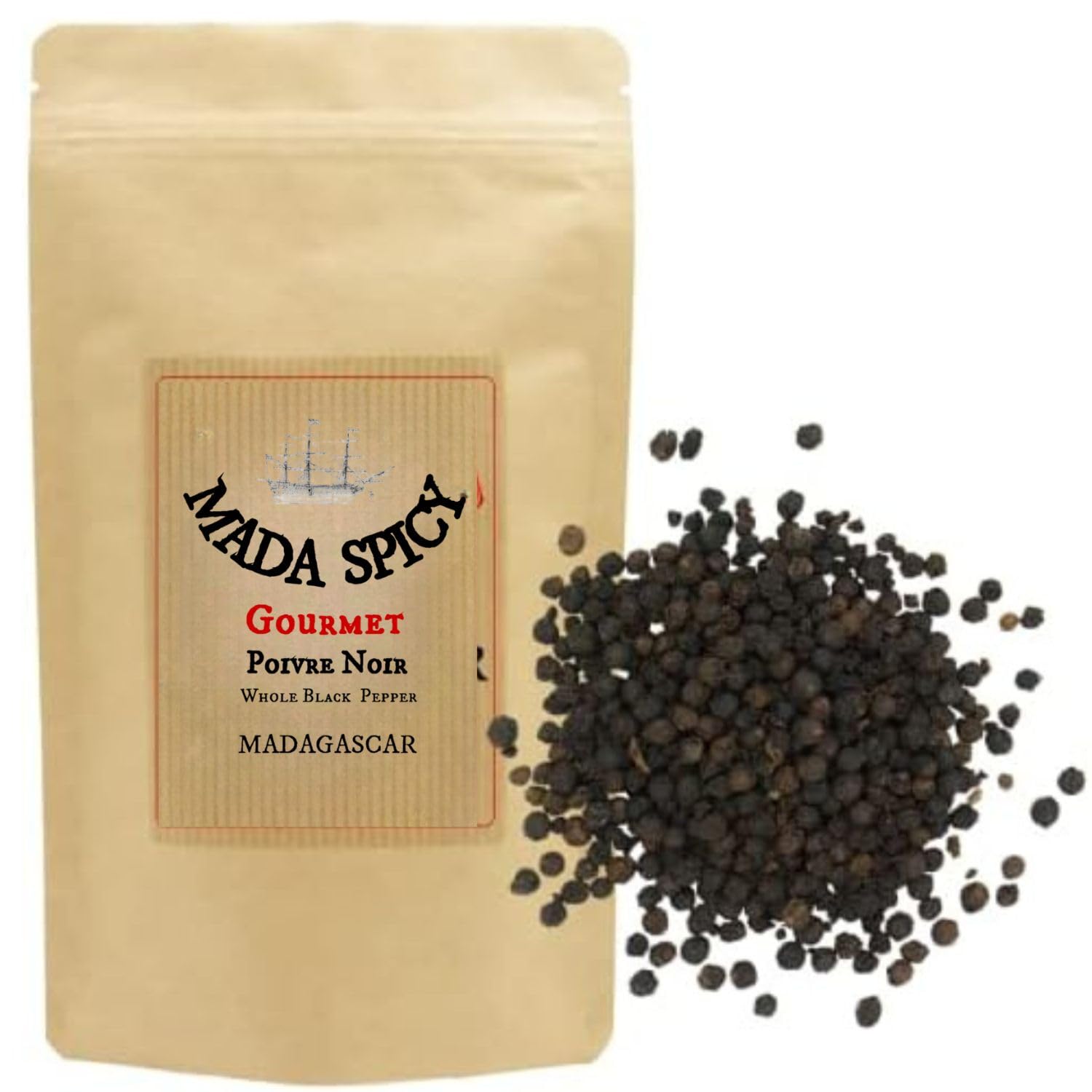 Madagascan whole black peppercorns 1000g in eco-friendly ziplock bag.