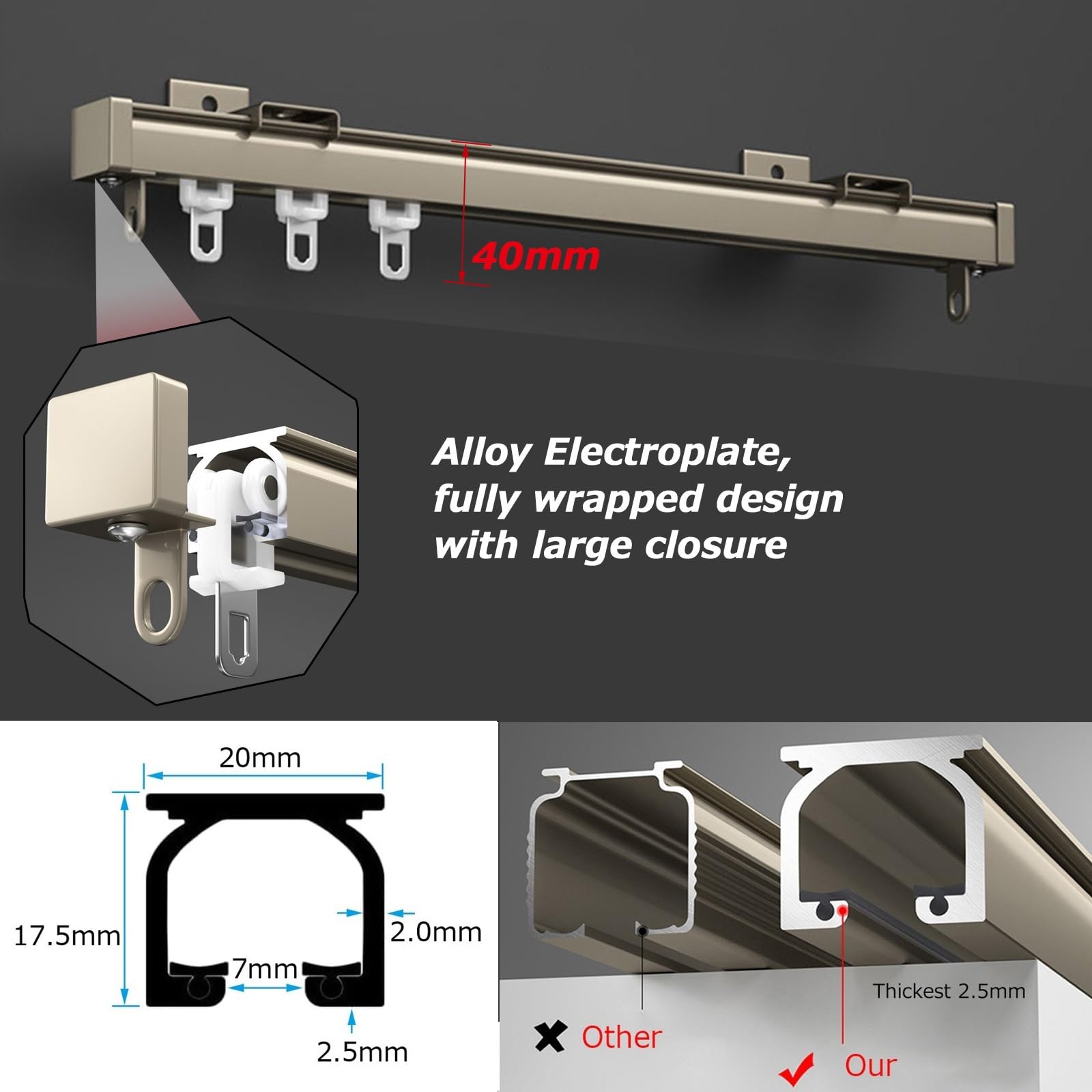 Tringle à rideaux robuste en aluminium – Fixation au plafond et au mur – Tringles à rideaux coulissantes lisses – Parfait pour la chambre à coucher et le salon – Solution durable et polyvalente de