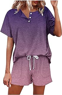 Conjunto de dos piezas de manga corta para mujer, tops y pantalones cortos de verano, conjunto de pijama casual de ajuste holgado, conjunto de descanso de color sólido para mujer