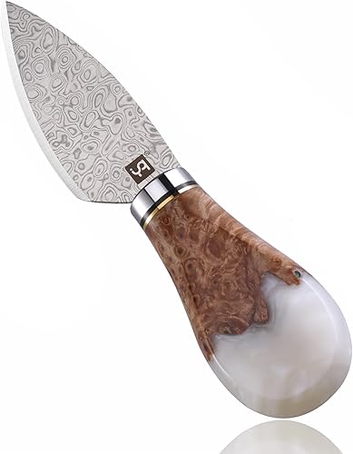 Cuchillo de queso de acero de Damasco para tablas de embutidos, cortador de queso para quesos suaves y duros desmenuzables, resina blanca y mango de