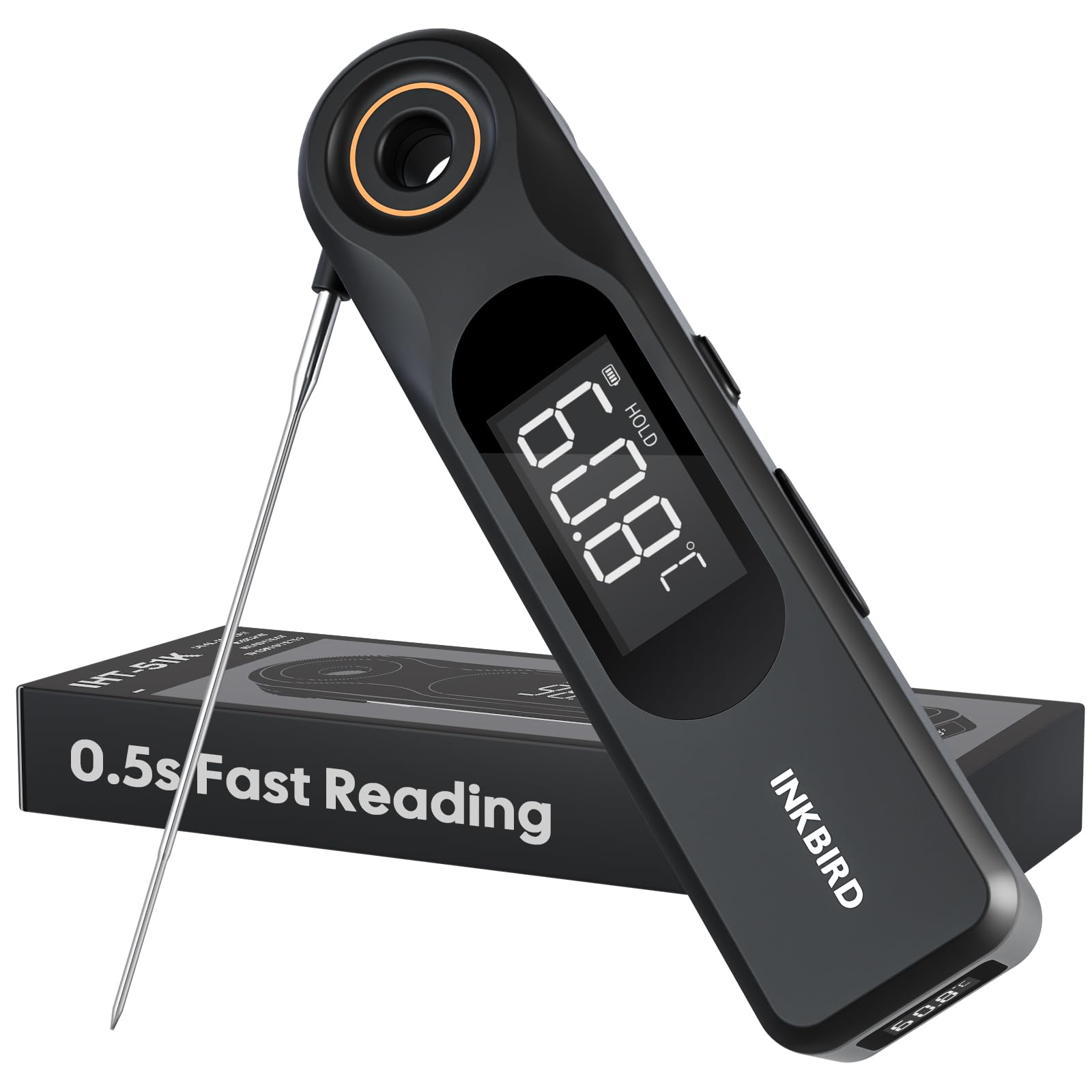 INKBIRD IHT-51K Fleischthermometer Digital, Dual-Display Grillthermometer, 1.8 mm ultradünne Sonde, 0,5 Sekunden Reaktion, IP65 Wasserdicht, Backofenthermometer für Küche, BBQ, Grill, Ofen, Backen