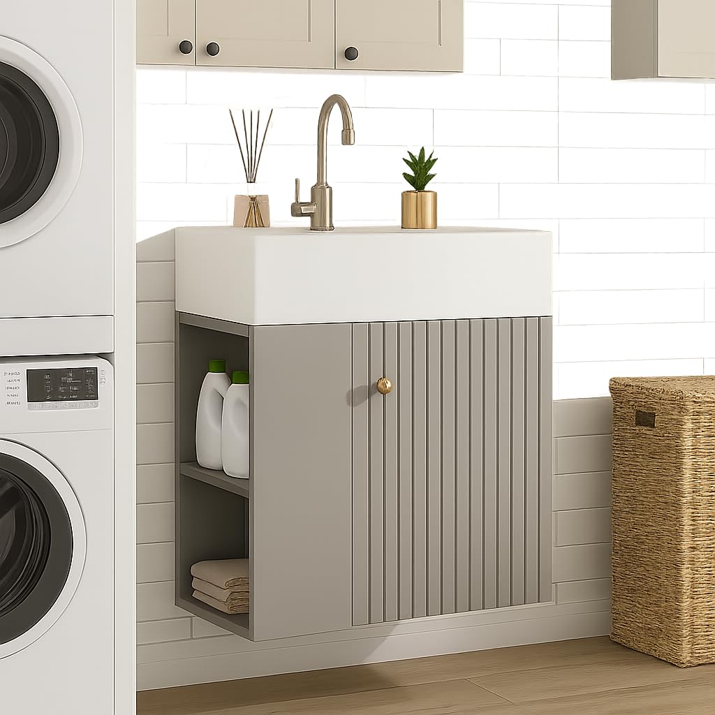 Merax Mobile bagno sospeso 50 cm con lavandino in resina – salvaspazio e compatto per bagno, lavanderia o toilette ospiti │ Design moderno a righe verticali (bianco e grigio)