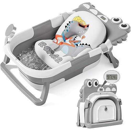 TPN Collapsible Baby Bathtub, Baby Bath Tub with Soft Cushion & Real-Time Thermometer, Baby Bathtub Infant to Toddler Tub (0-36 Months), Portable Travel Baby Tubs for Newborns (Grey)