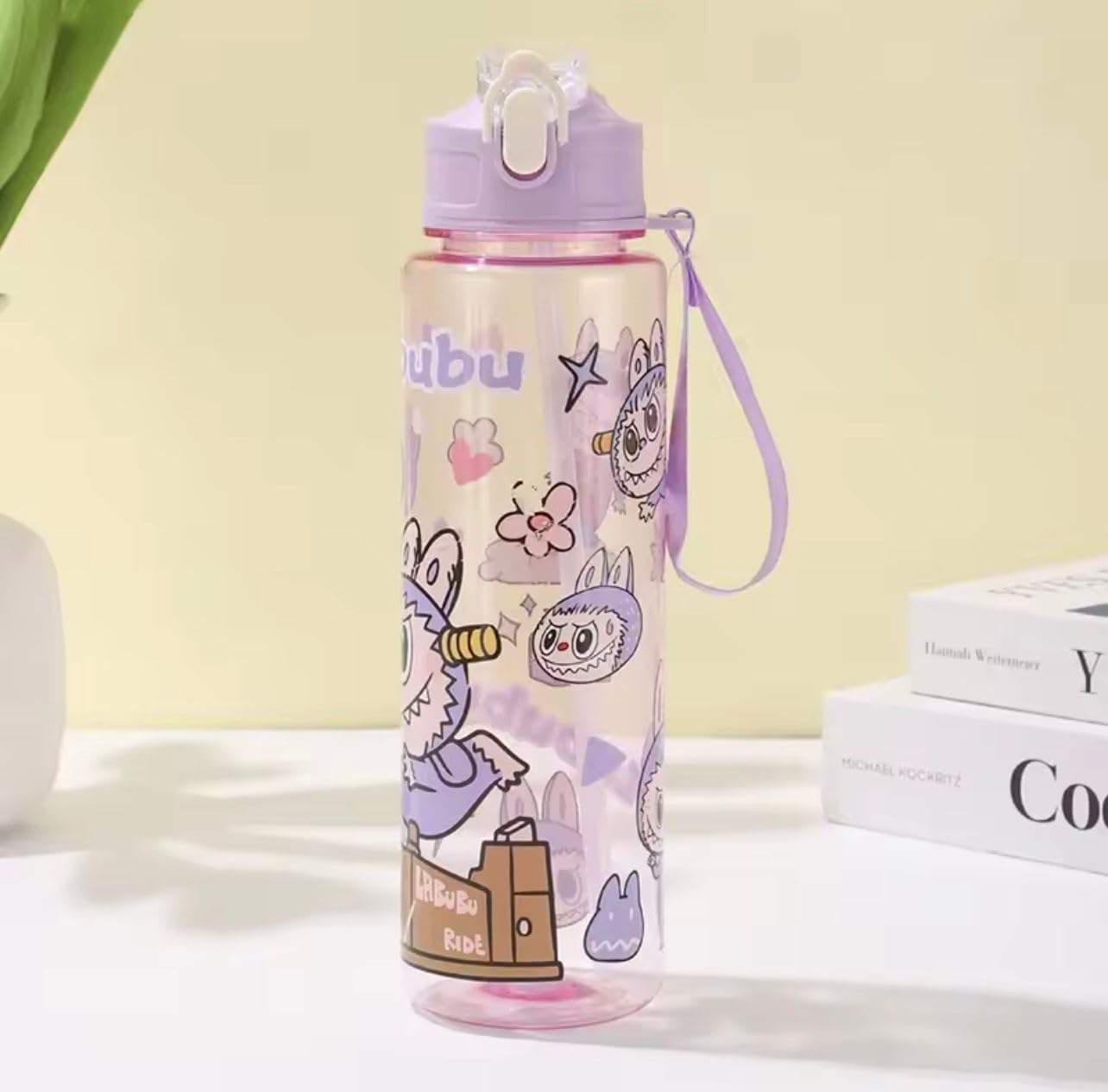 Trendy Cute Cartoon Monster Water Drink Bottle, 750ml, Pink, Leakproof Plastic Straw Design, Cartoon Character (Pink)