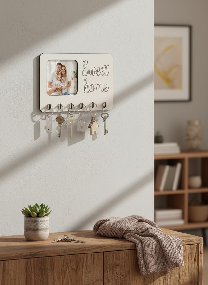 Colgador de Llaves Madera con Marco de Fotos 6 Ganchos, Llavero de Pared para Colgar Llaves sin tacos Colocar Llaves Colgador de Llaves Personalizado (MARCO)