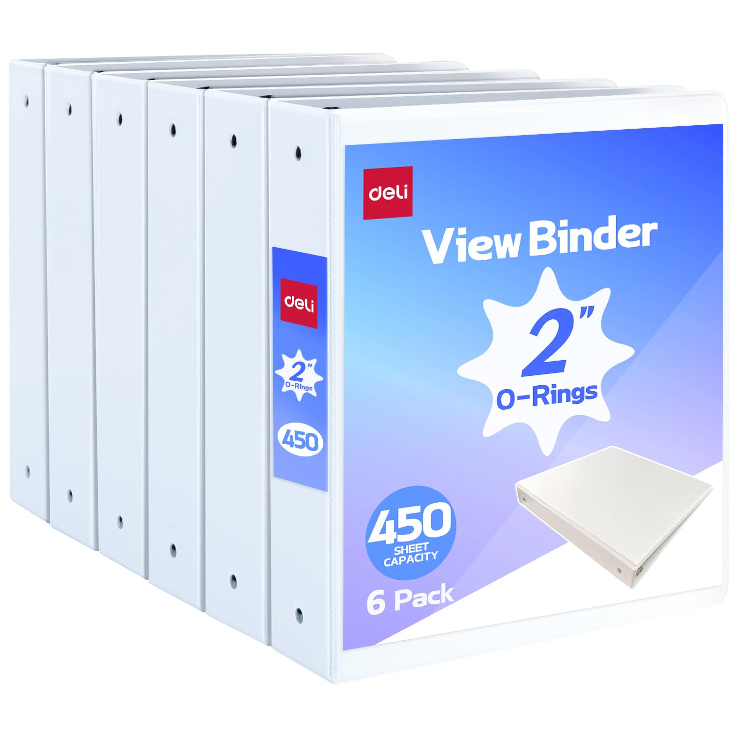 Deli 2-inch 3 Ring Binder with 2 Interior Pockets, 450 Sheets Capacity, 2 inch Binders fits 11" x 8.5" US Letter Size, White, 6 Pack