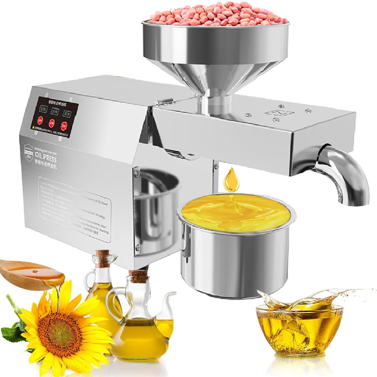 MYUYEE Pressing Peanut Oil Press Machine Automatic,Stainless Stee Extractor, For Sesame Corn Sunflower Seeds,Commercial,Household