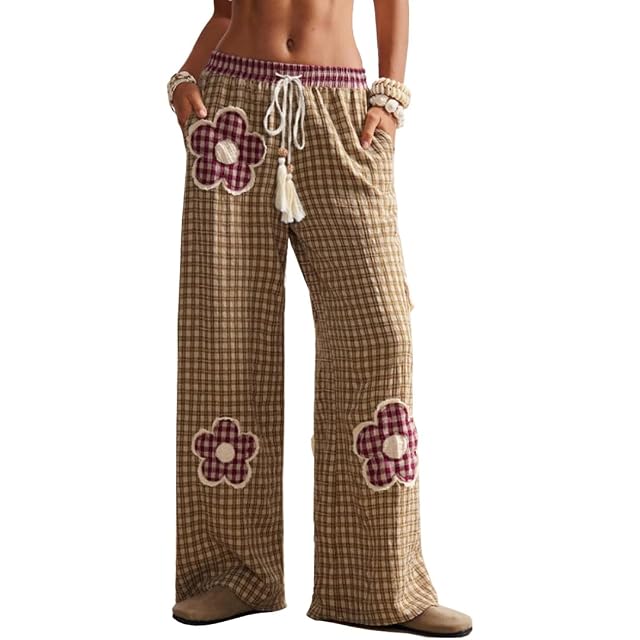 Plaid Pants for Women Wide Leg Pants Casual Loose Floral Pants Boho Drawstring Trousers with Pockets