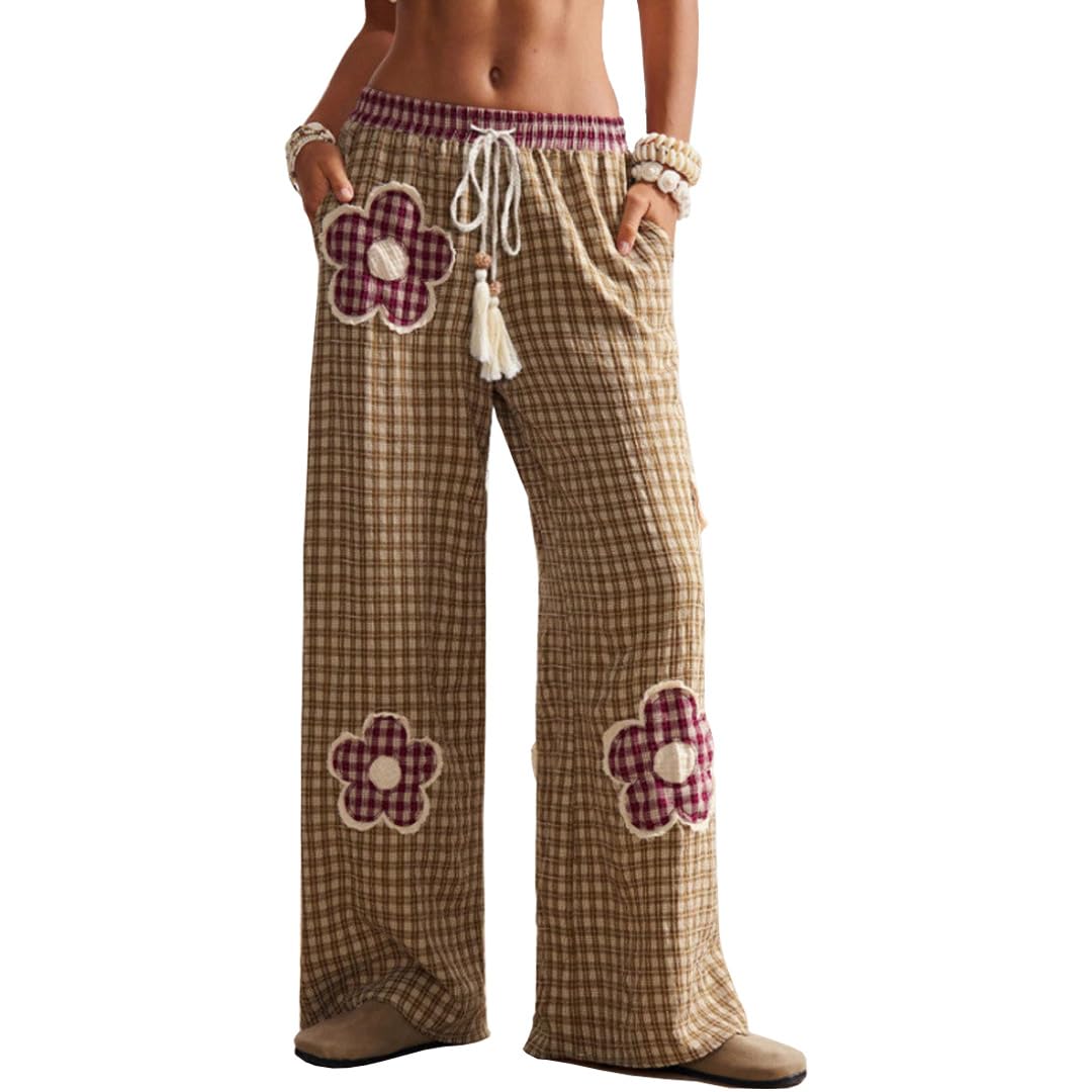 Plaid Pants for Women Wide Leg Pants Casual Loose Floral Pants Boho Drawstring Trousers with Pockets