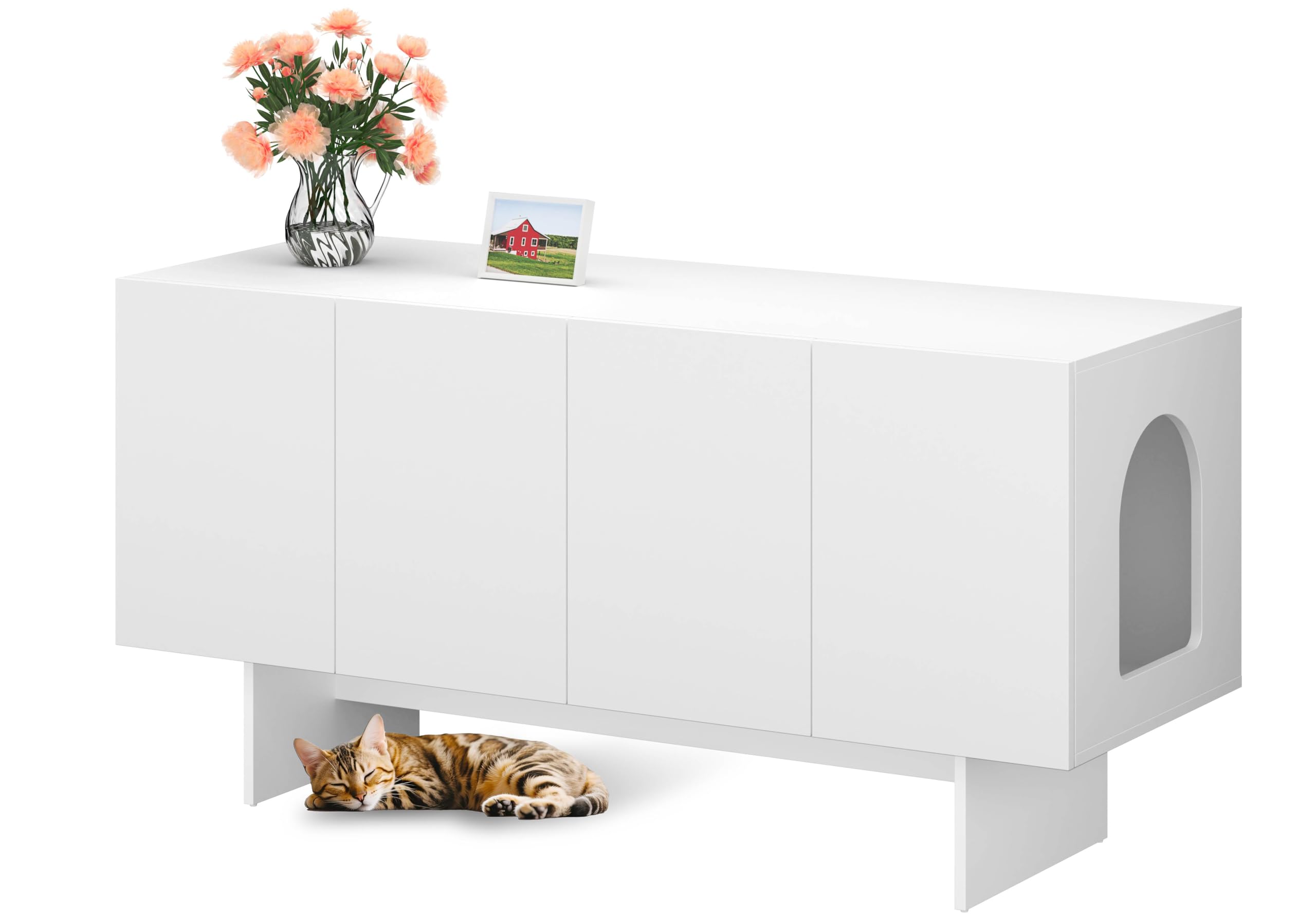 Double Litter Box Enclosure, Litter Box Enclosure for 2 Litter Boxes, Modern Litter Box Furniture for 2 Cats, Scandi Style (White)