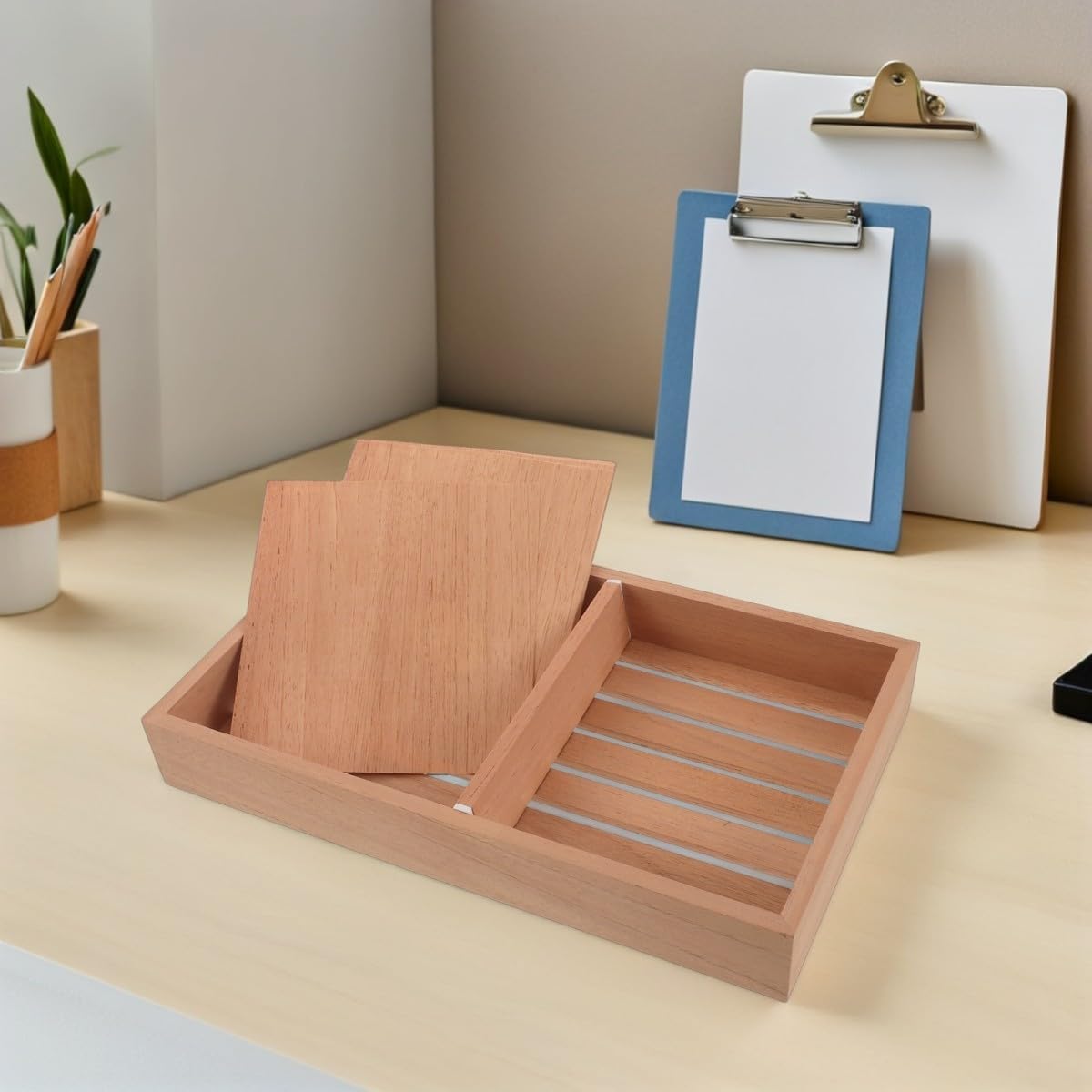 Zigarrenaufbewahrungsschale aus Holz, 1 Set, braun, mit Feuchtigkeitsblättern, verstellbaren Trennwänden und 30,5 CM Breite für Organisation von Schreibtisch und Schublade