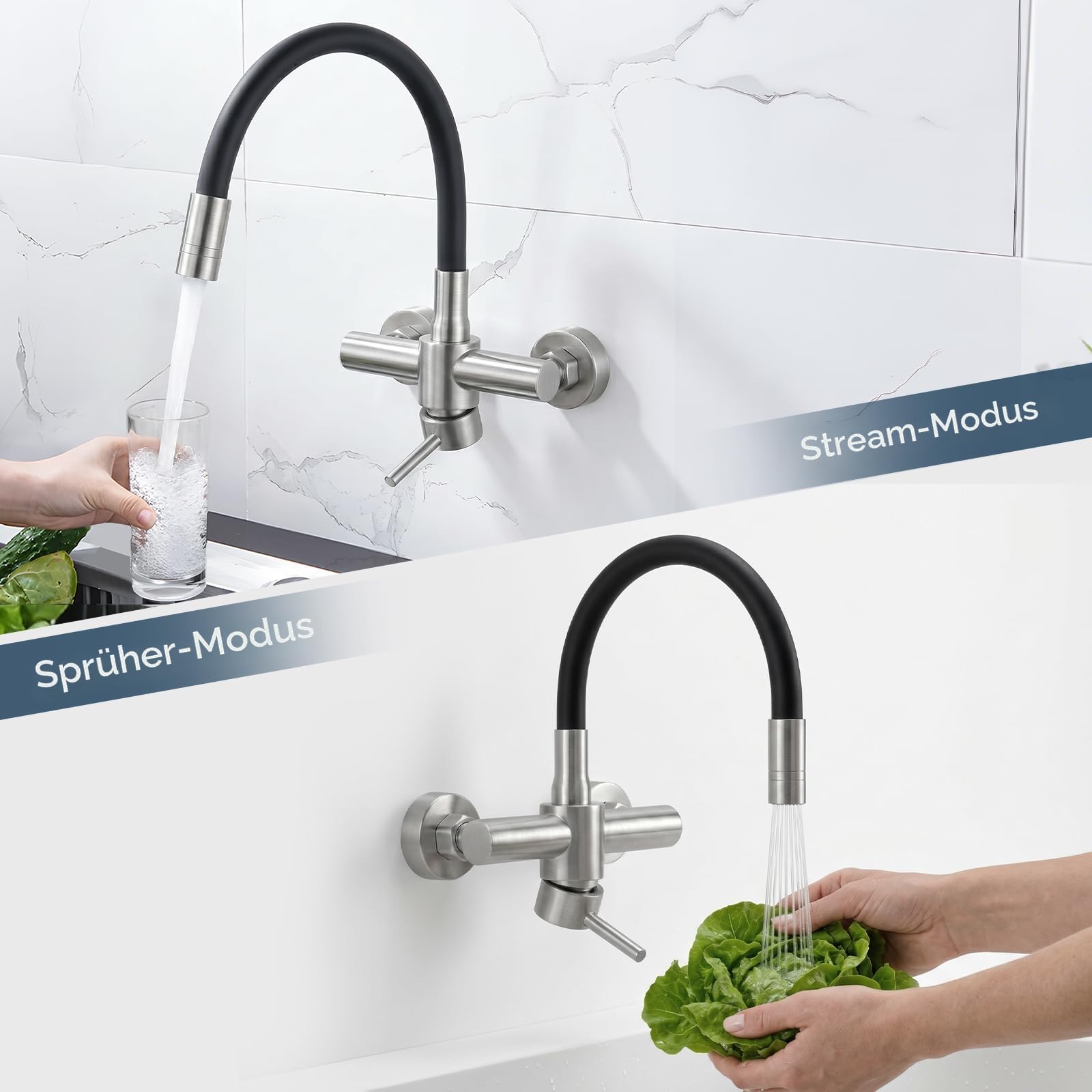 HURRAN Wasserhahn Wandmontage, 360° Schwenkbare Küchenarmatur mit Silikonschlauch, Einhebelmischer aus Edelstahl, Gebürstetes Nickel
