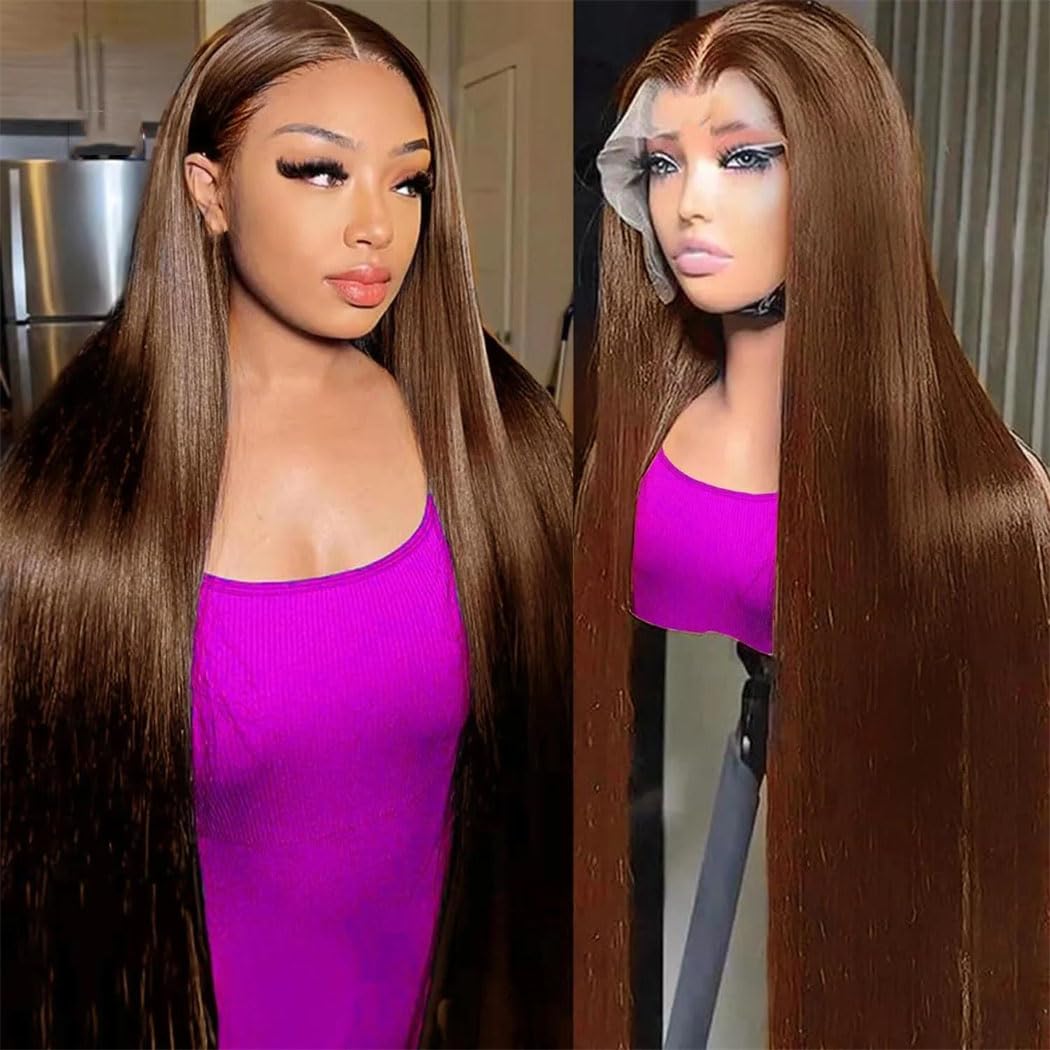 Womens Chocolate Brown Straight Lace Front Human Hair Wig 46 Inch HD Lace Pre Plucked Natural Hairline wigs