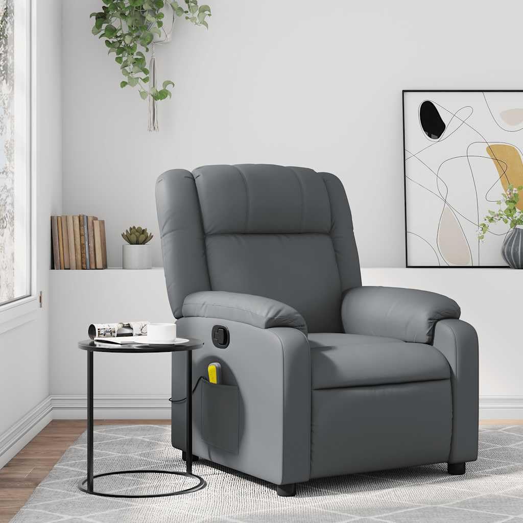 Sillón de masaje de relax de piel sintética gris con masaje de vibración de 6 puntos, función reclinable manual hasta 135 grados, reposabrazos anchos, bolsillo lateral, marco de madera y