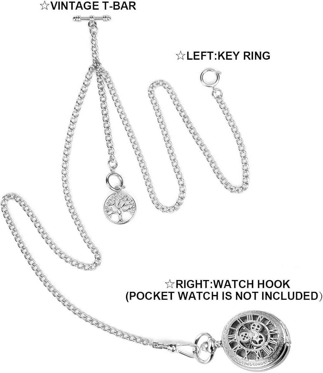 SIBOSUN Pocket Watch Double Albert Chain T Bar Watch Chain 3 Hook Antique Fob Curb Link Chain for Men with Life Tree Pendant Design Silver : Clothing, Shoes & Jewelry