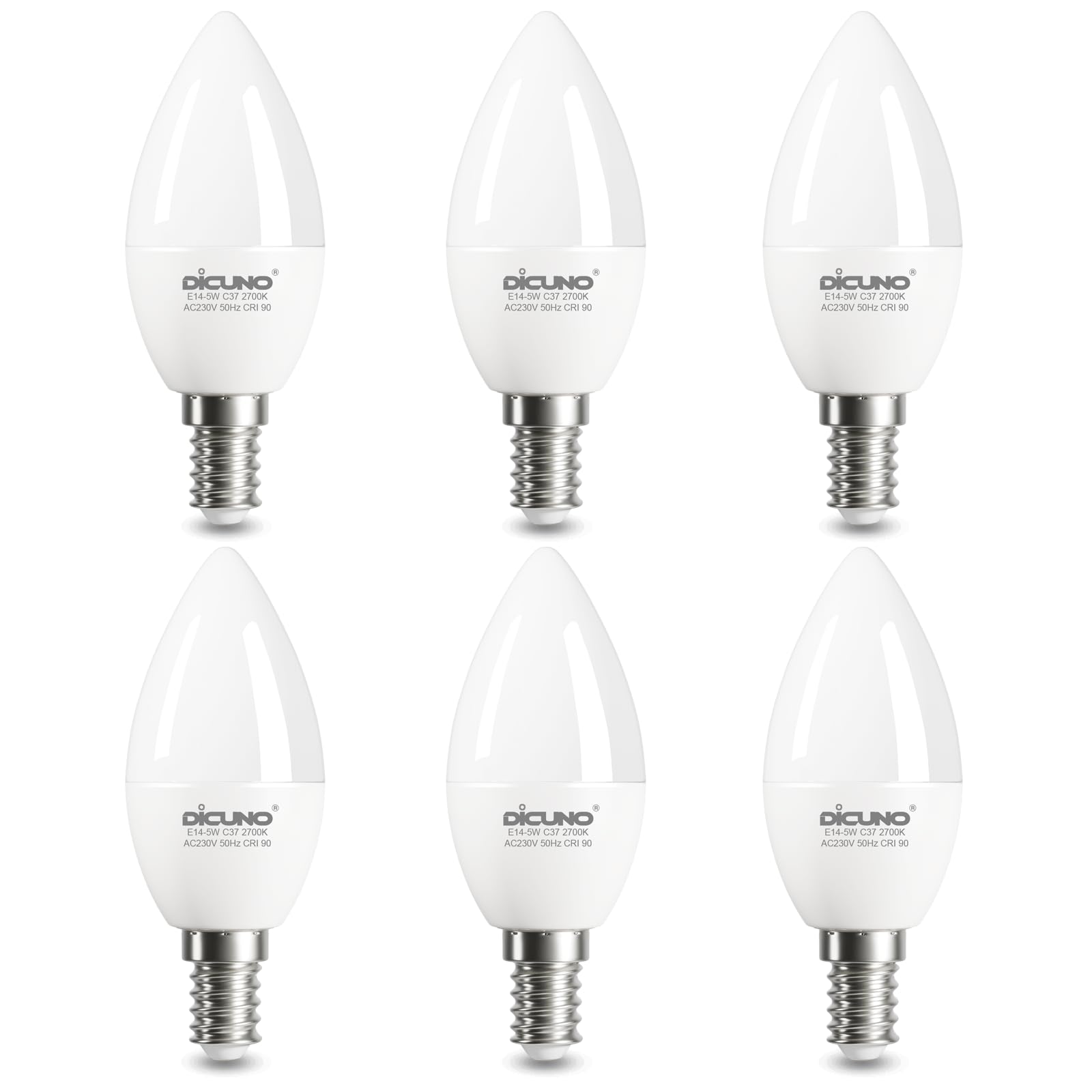 DiCUNO Lampadine LED E14 C37, 5W Equiv. 50W, 550lm, 5000K, 6 Pezzi | Bianco freddo, CRI 90, Forma Candela C37, Fascio 220°, Non dimmerabile, Attacco E14 Piccola per lampadari e applique