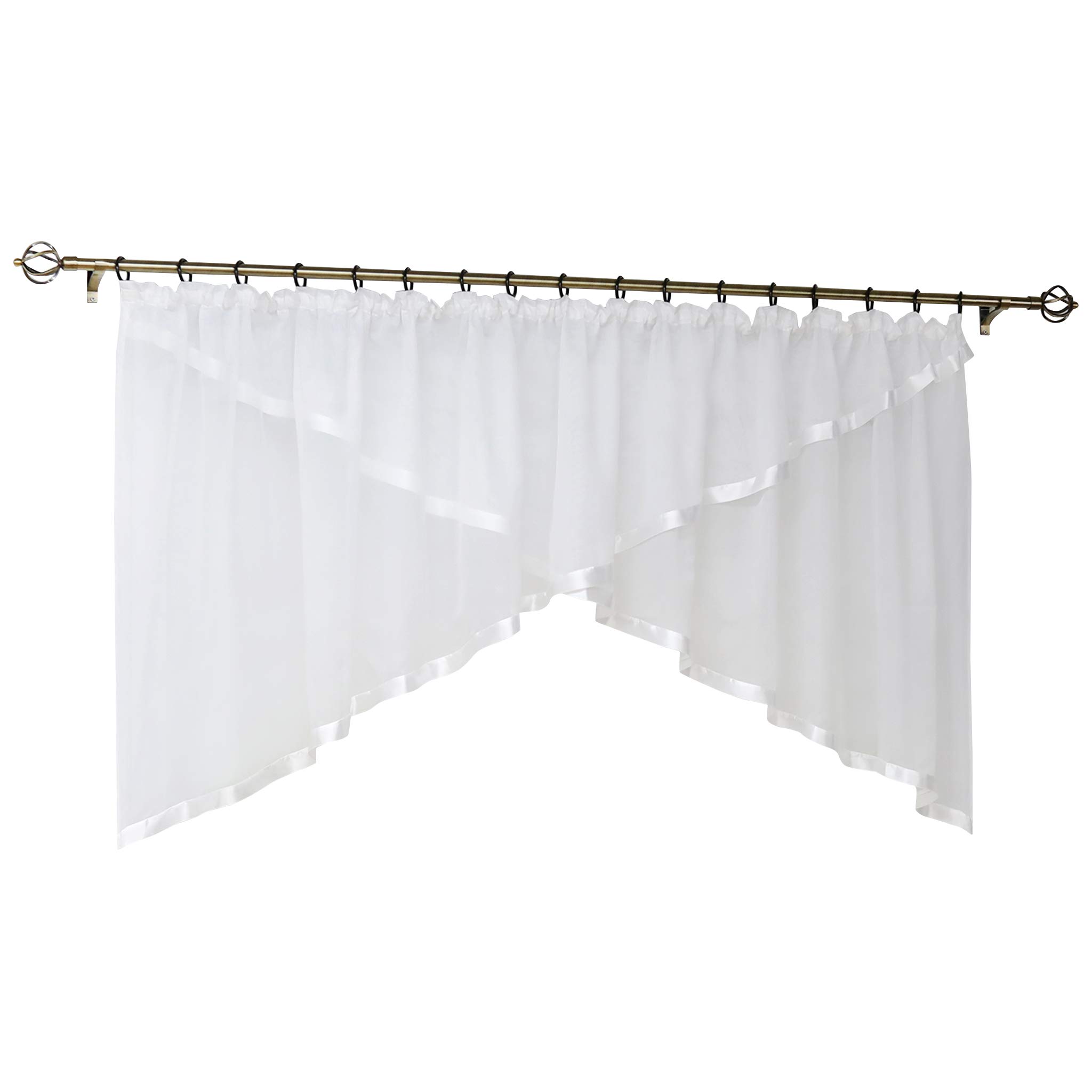 Joyswahl Flora Rideau brise-bise en voile avec galon fronceur - Rideau court avec ruban de satin coloré - 400 x 160 cm - Blanc - 1 pièce