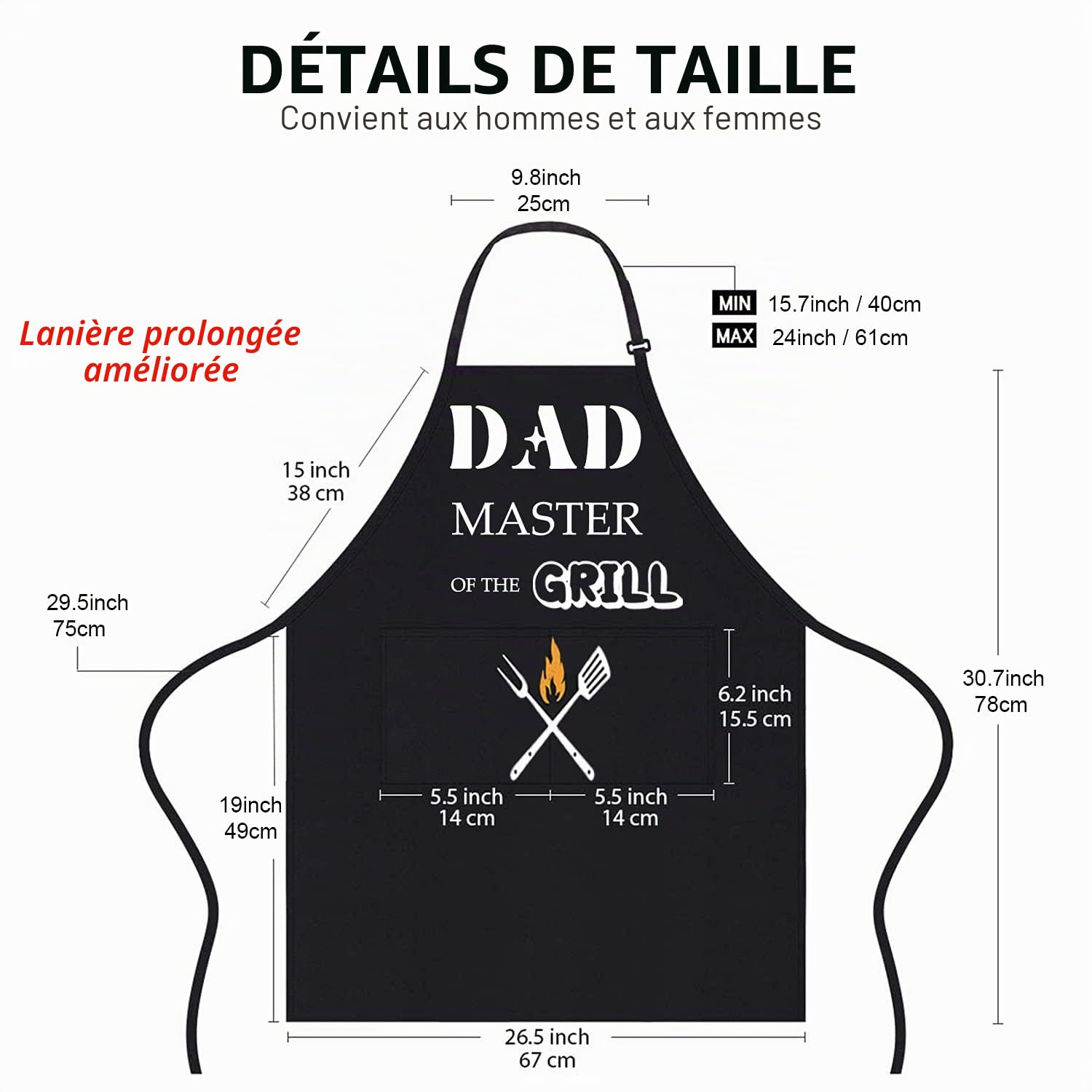 Tablier de Cuisine Homme, Tablier Barbecue de Papa, Noir Imperméable Tabliers avec 2 Poches, Chef Tabliers pour Barbecue Fête, Cadeaux pour Hommes Papa Mari Copain Grand-père